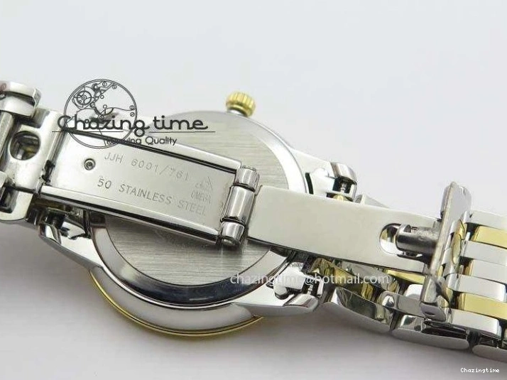 0124 HighQuality De Ville 27mm SS YG Ladies MK 1:1 Best Edition Blue Dial Diamond Markers On SS Bracelet Ronda Quartz 8186